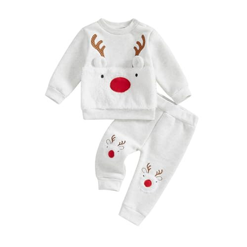 BemeyourBBs Toddler Baby Boy Girl Christmas Outfit Reindeer Fleece Lined Shirt Pants Set 2 Piece Infant Cute Winter Clothes (Reindeer Light Gray, 6-12 Months) | Amazon (US)
