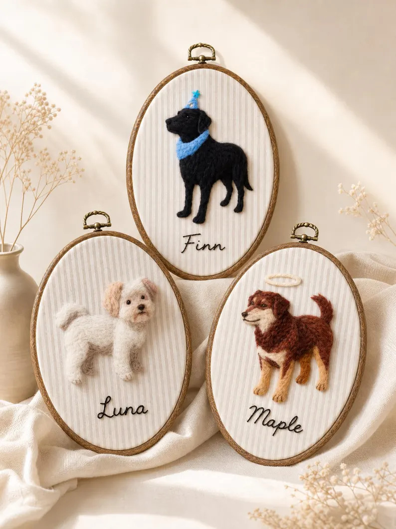 Custom Wool Felt Pet Portrait Hoop, Handmade Memorial Keepsake, Photo to Art | Etsy (Global)