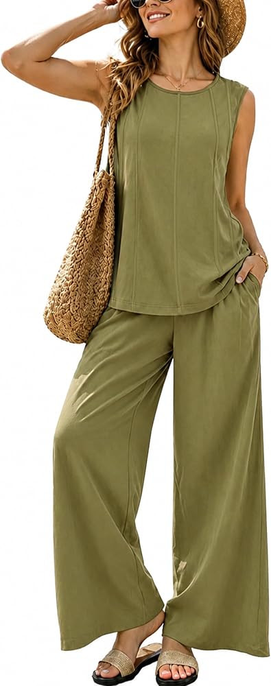Women\u2019s 2 Piece Matching Set Sleeveless Top High Waisted Wide Leg Pants | Amazon (US)