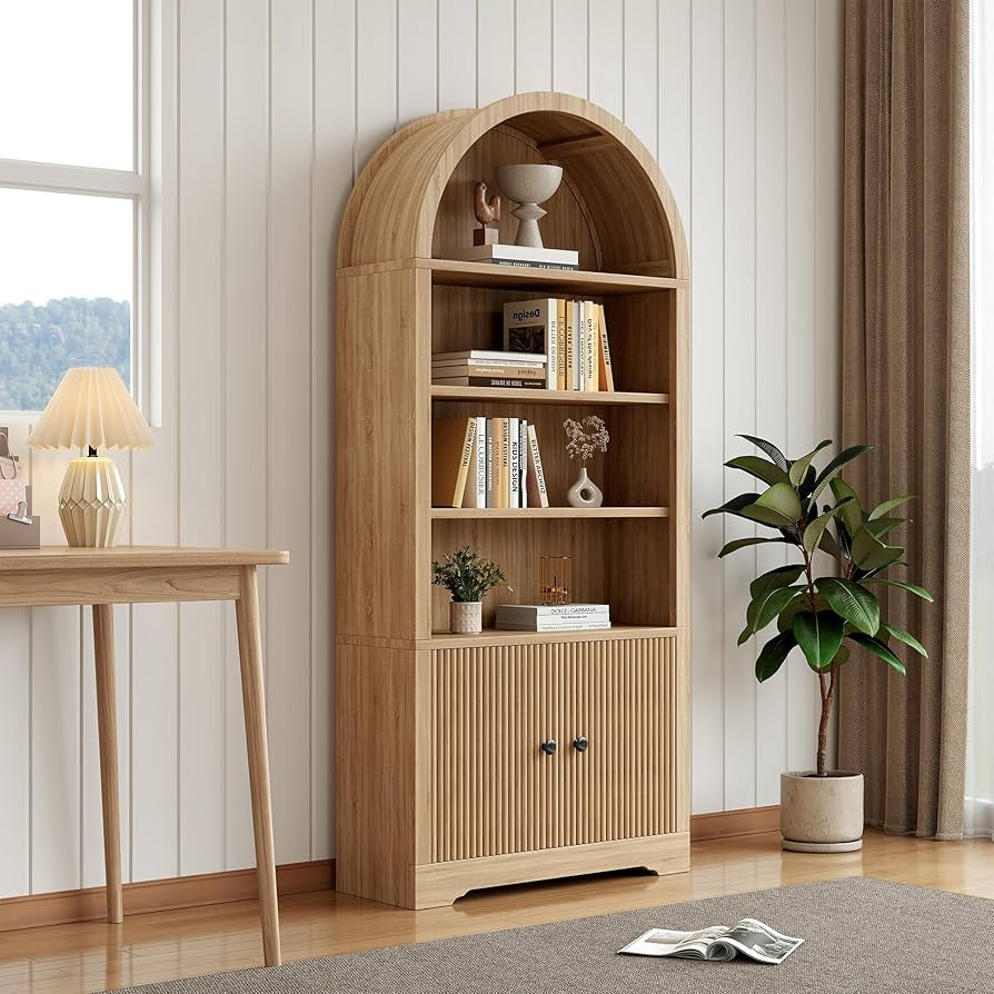 Modern Arched Wooden Bookcase Cabinet with Storage, 6 Tier Freestanding Storage Shelves with Door... | Amazon (US)