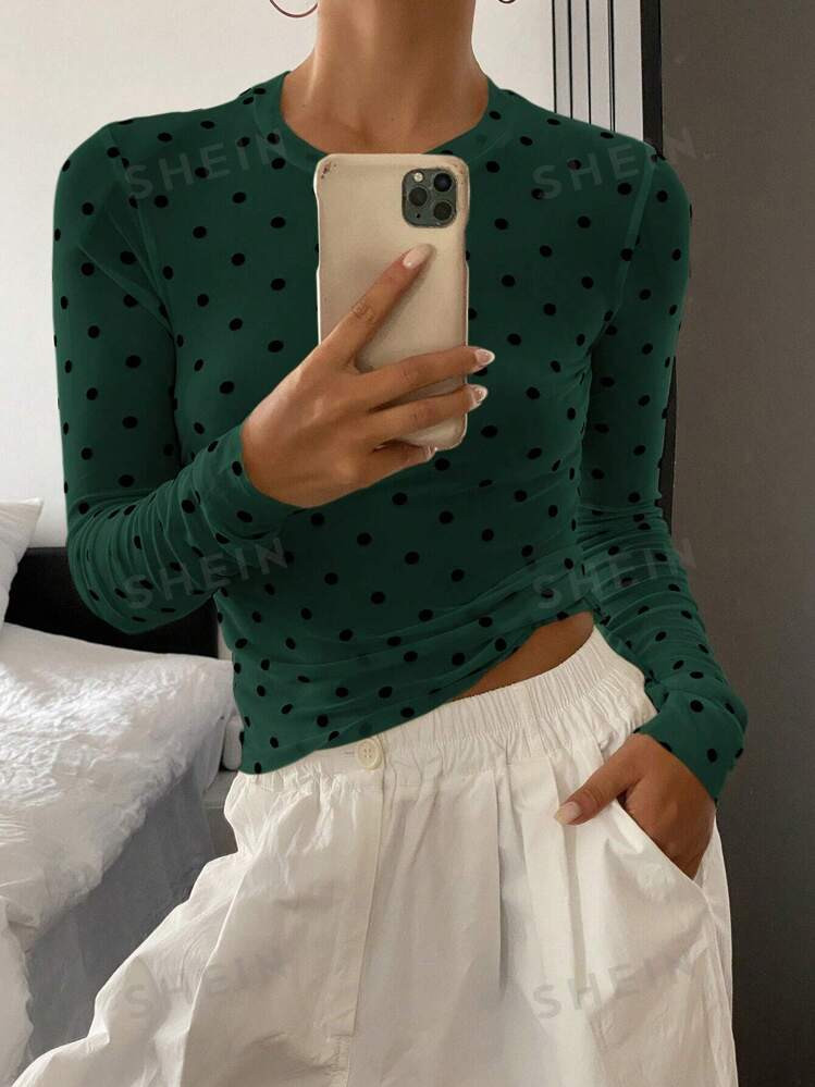 DAZY Women Polka Dot Fitted Crew Neck Long Sleeve Top, Autumn | SHEIN