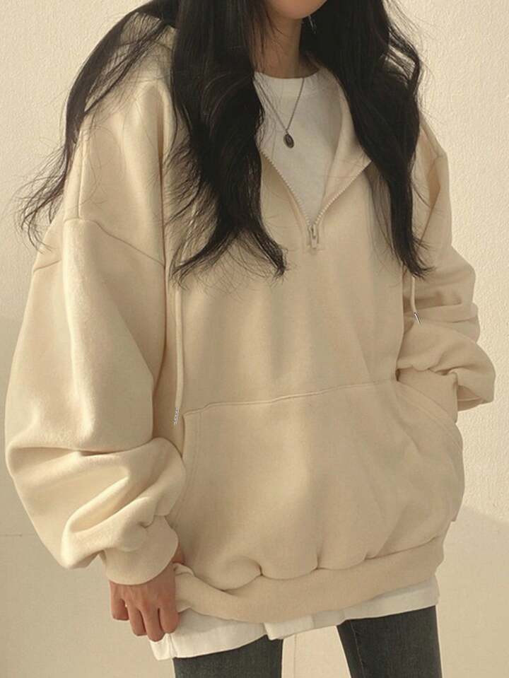 INAWLY Autumn/Winter Loose Fleece Half-Zip Hooded Sweatshirt Jacket | SHEIN