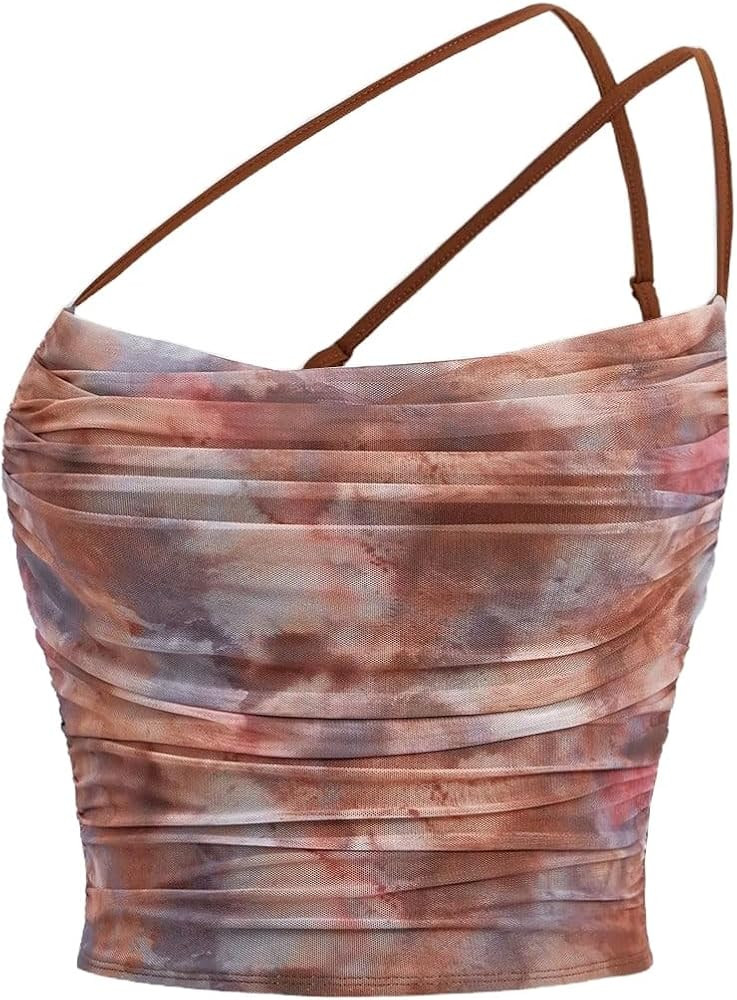 Floerns Women's Tie Dye Spaghetti Strap Cut Out One Shoulder Ruched Crop Cami Top | Amazon (US)