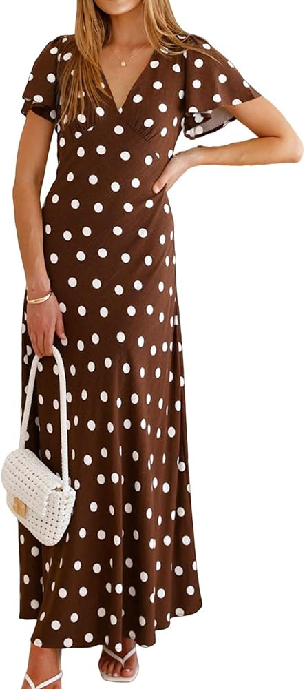 Women's Summer 2026 Maxi Long Dresses Polka Dot Short Sleeve V Neck Casual Boho Beach Sundress | Amazon (CA)