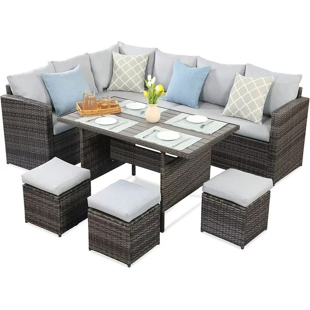 Superjoe 7 Piece Outdoor Conversation Set All Weather Wicker Sectional Sofa Set with Dining Table... | Walmart (US)