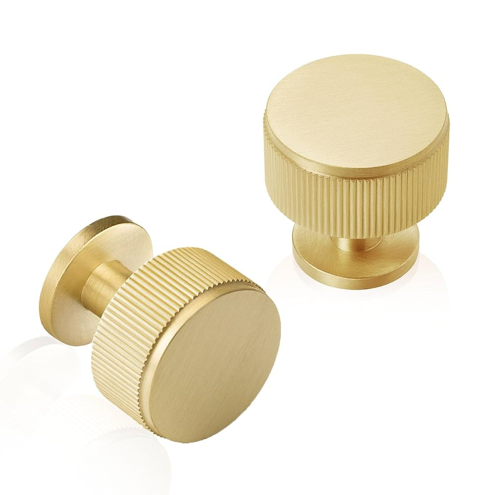 QOGRISUN Solid Brass Cabinet Knobs 5 Pack – 1-1/8″ Brushed Gold Drawer Pulls, Modern Round Fu... | Amazon (US)