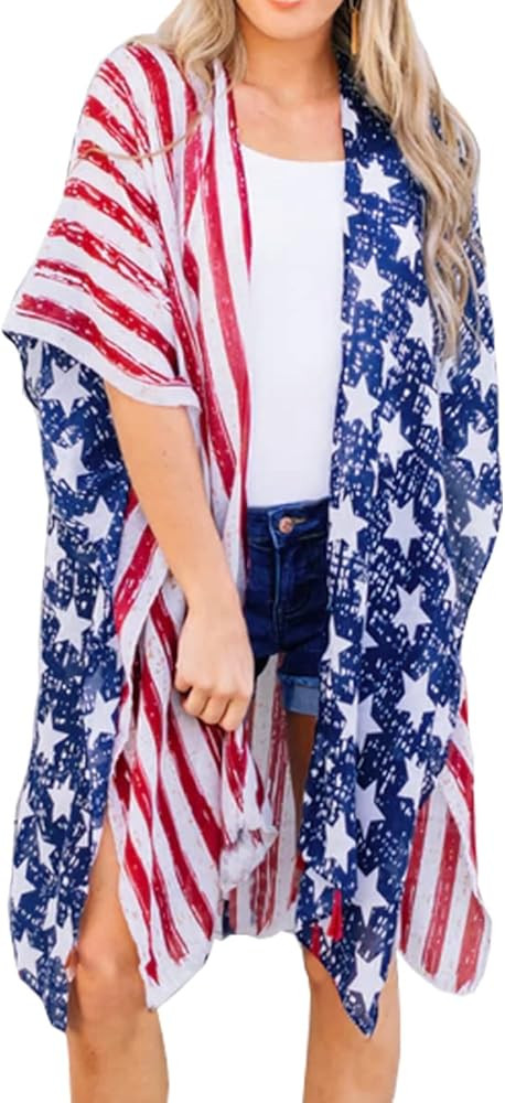 Women's American Flag Kimono Cardigan 4th of July Cover Up Lightweight Patriotic Kimono Cover Up | Amazon (US)