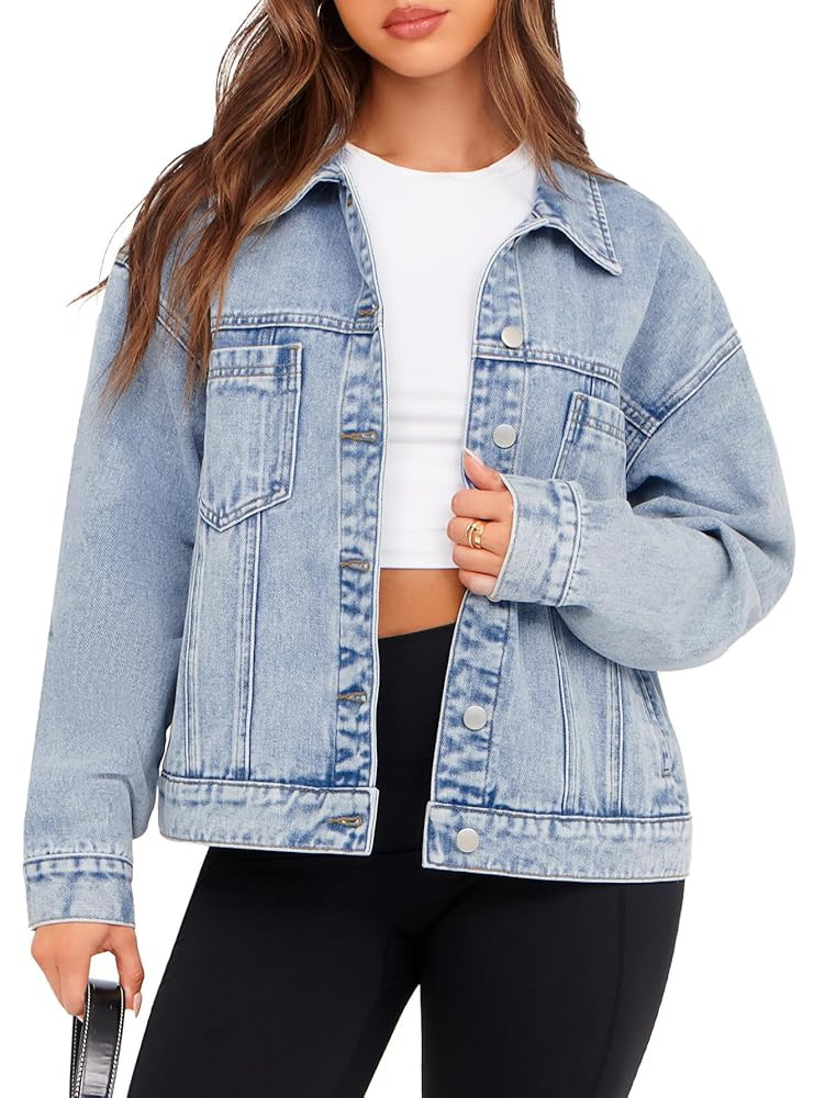 Glamaker Womens Oversized Jean Jacket Casual Long Sleeve Button Down Denim Jacket Fall Coat | Amazon (US)