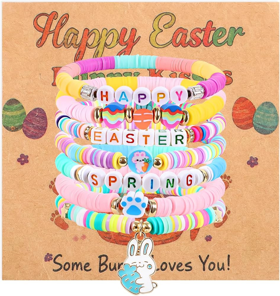 7 Pcs Easter Bunny Beaded Bracelet Set - Stackable Polymer Clay Heishi Stretch Bracelets with Bun... | Amazon (US)
