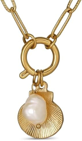 18k Gold Plated Stainless Steel Chain Link Seashell Necklace with Pearl, 18 Inch | Amazon (US)