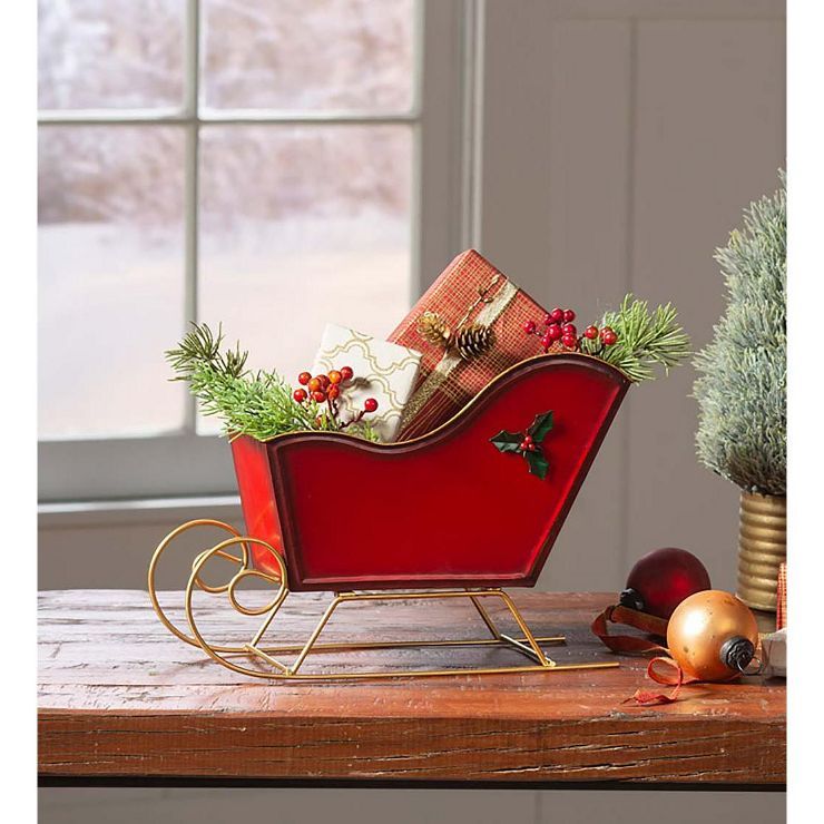Metal Tabletop Red Victorian Sleigh with Holly Berry Details | Target