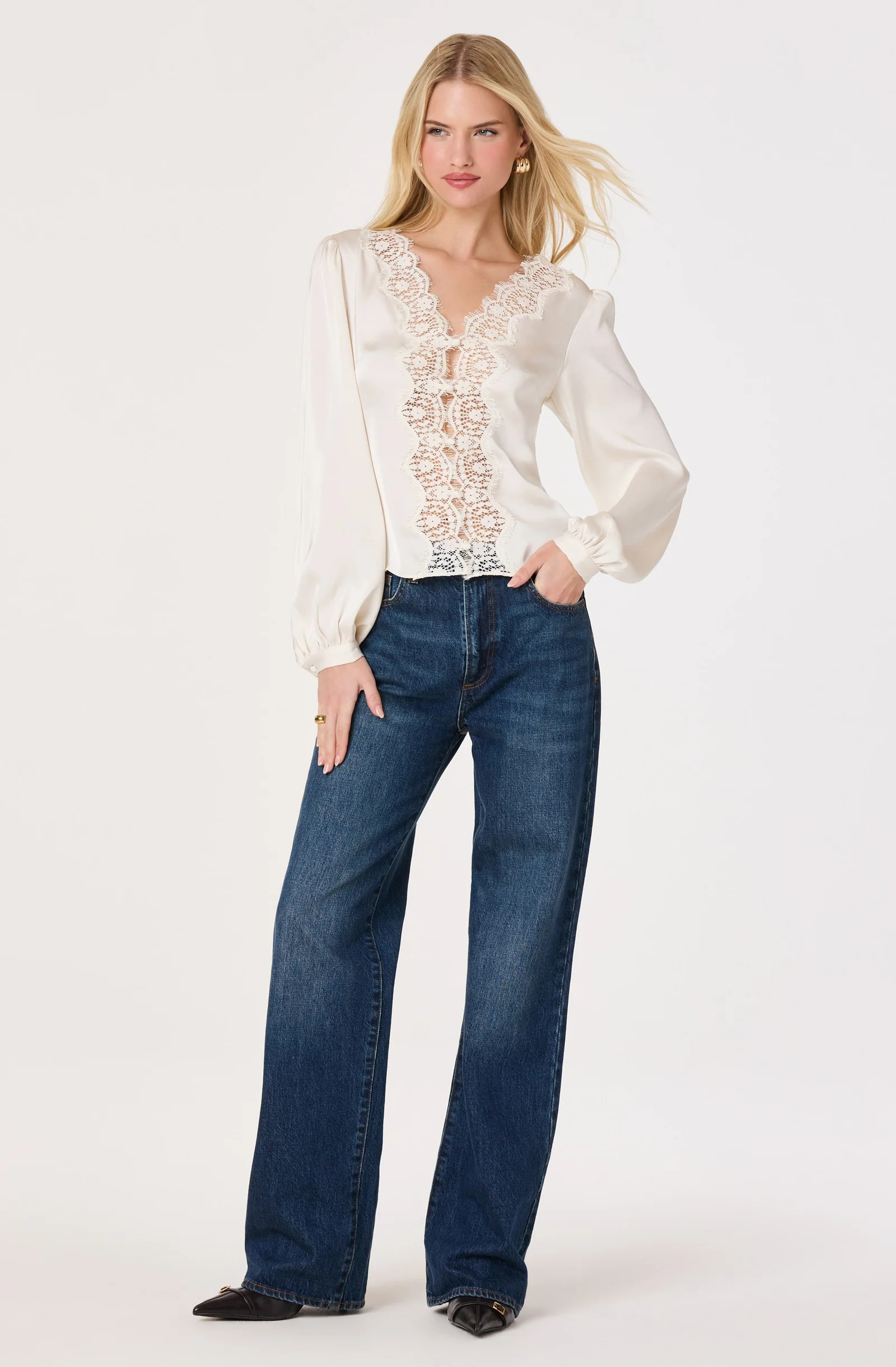 Benoîte Lace Trim Satin Blouse - Cream / XS | ASTR The Label (US)