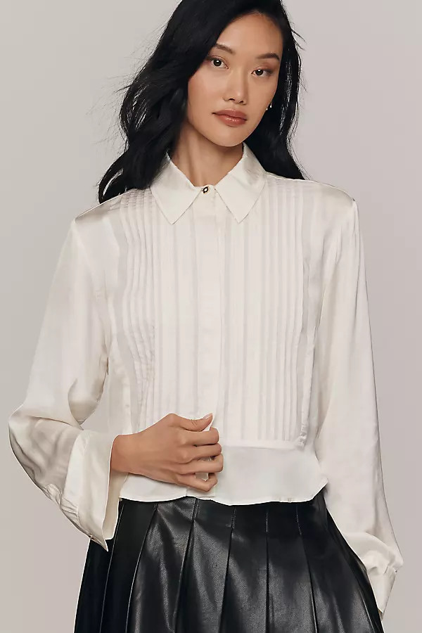 Maeve Silky Long-Sleeve Pleated Blouse | Anthropologie (US)