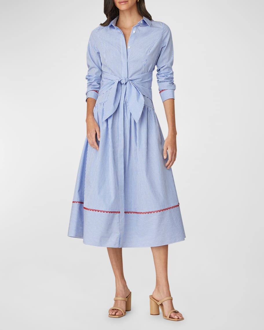 Shoshanna Clarice Striped Lace-Trim Midi Shirtdress | Neiman Marcus