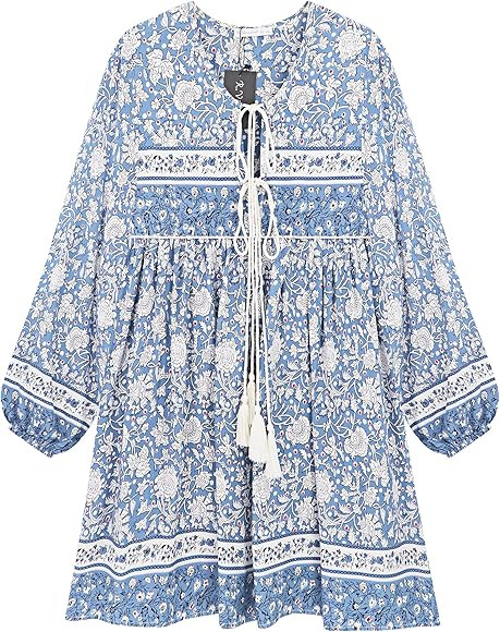 R.Vivimos Womens Long Sleeve Floral Casual Print Cotton Mini Tunic Dress | Amazon (CA)