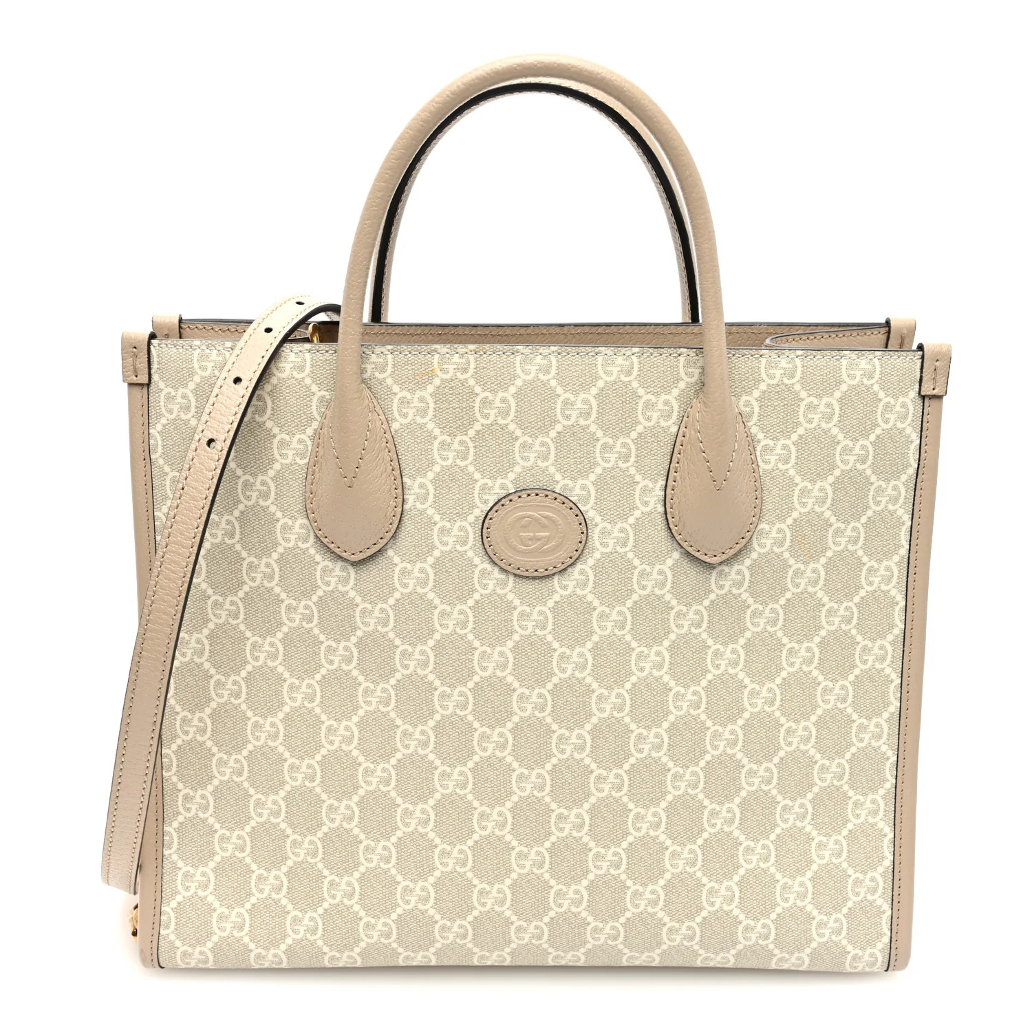 GG Supreme Monogram Textured Dollar Calfskin Small Retro Interlocking G Tote Bag Beige Mystic Whi... | FASHIONPHILE (US)