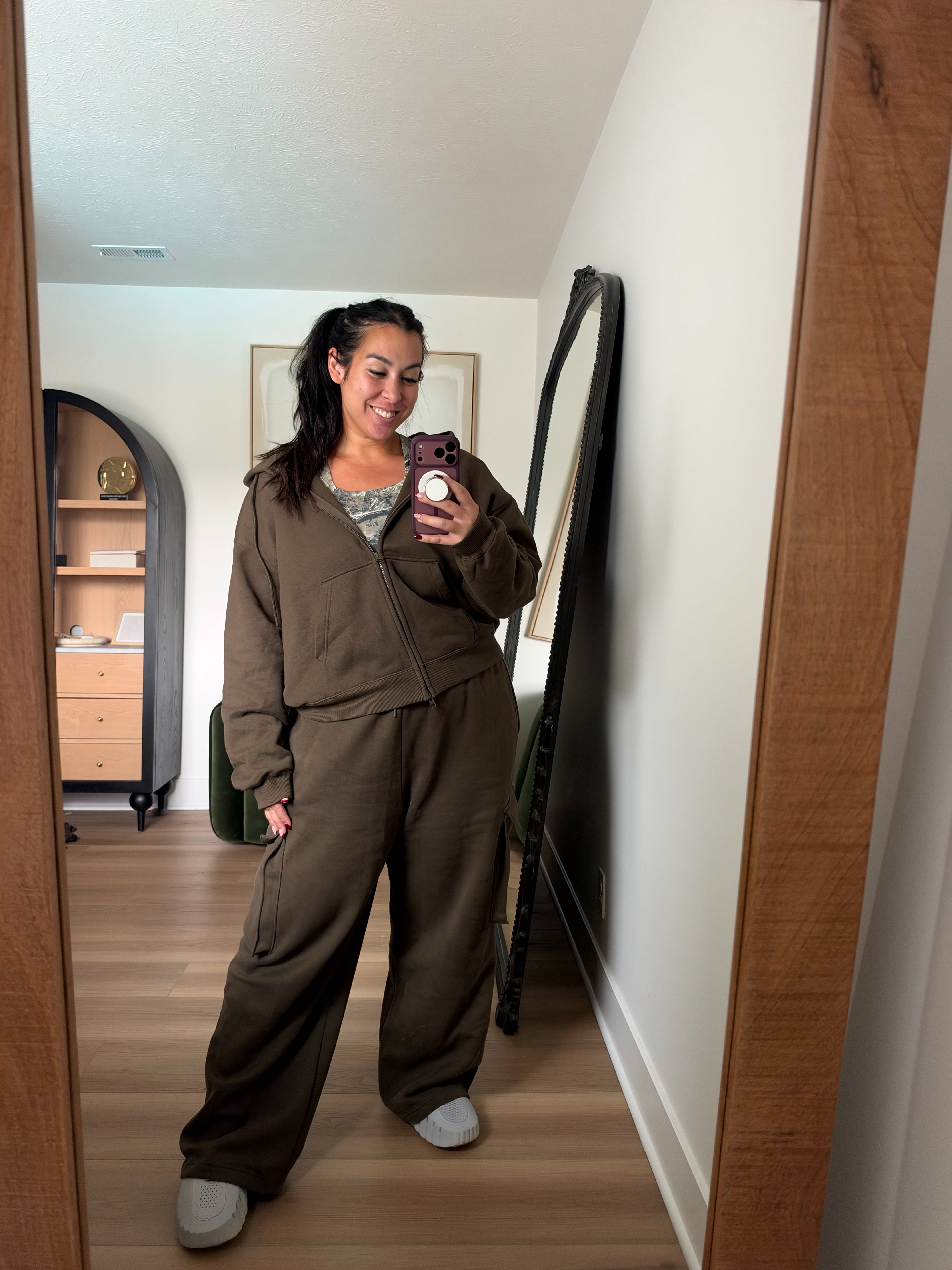 This set from Nike is so comfortable and I love the brown with the camo! Wearing an XL on top and bottom. Size 9 in shoes. Midsize, midsize fashion, midsize activewear 

 #LTKootd #LTKActive #LTKMidsize