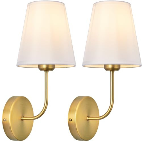 LEECOORA Antique Brass Hardwired Wall Sconce Set of 2 - Gold Finish with White Fabric Shades，Bedroom Lighting, Living Room, Farmhouse, Fireplace, Hallway, Bedside Lamp,Bathroom Wall Lights | Amazon (US)