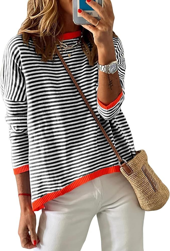 Womens Lightweight Cotton Sweaters Long/Short Sleeve Crew Neck Color Block Striped Casual Knitted... | Amazon (US)