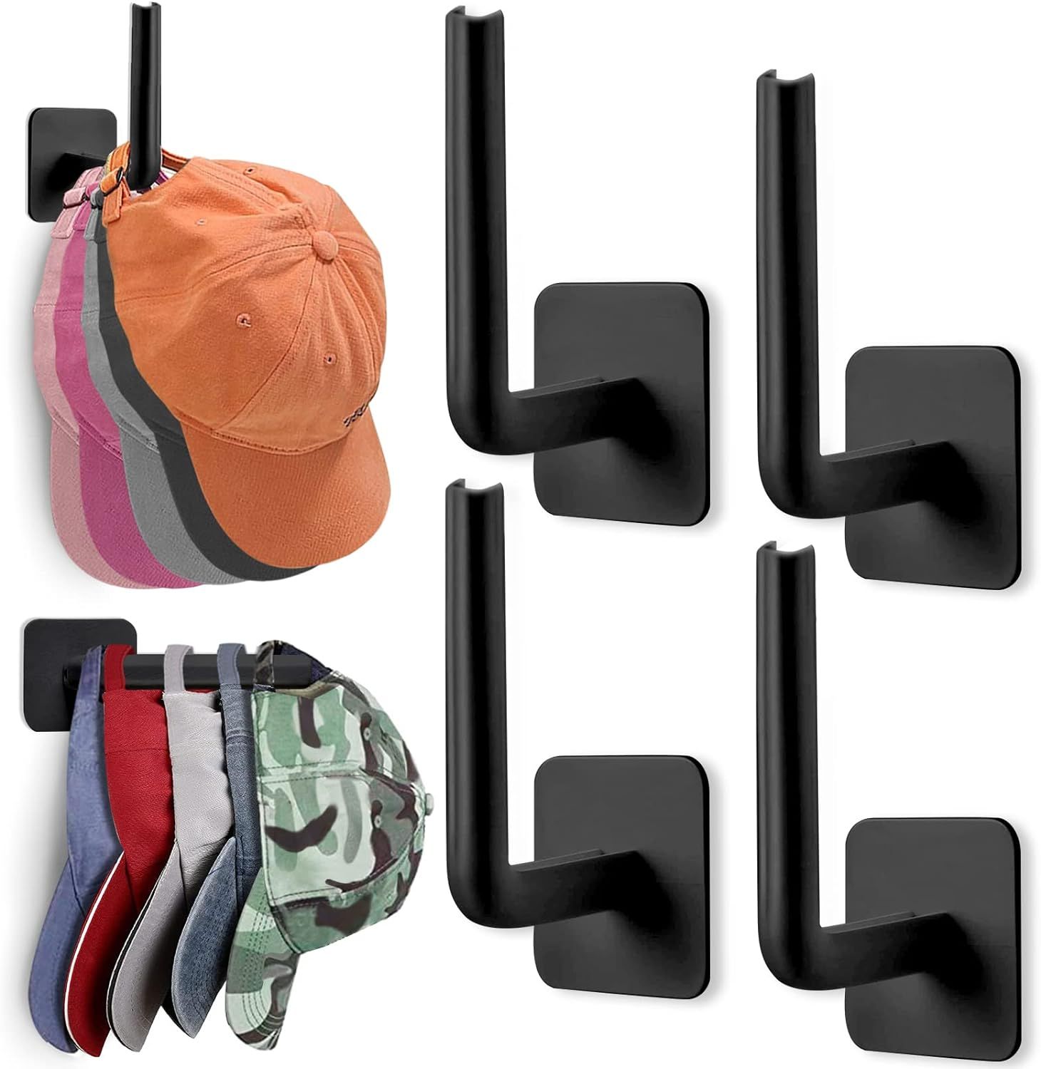 Hat Rack for Wall Hat Organizer (4-Pack), Adhesive Hat Hooks for Wall, No Drilling Hat Hangers fo... | Amazon (US)