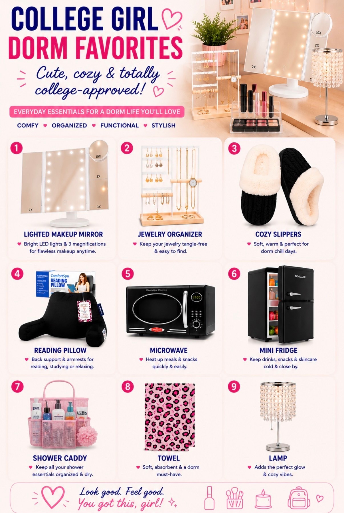 College life is so much easier when your dorm is stocked with the right essentials! 💕 From getting ready in front of a lighted vanity mirror to staying cozy with slippers, relaxing with a reading pillow, and keeping your shower gear organized, these are the must-haves every college girl will actually use. Save this list before move-in day so you don’t forget a thing! 🎓✨
#DormEssentials #CollegeGirl #DormRoomInspo #CollegeMoveIn #AmazonFinds

#LTKU #LTKHome #LTKmomlife