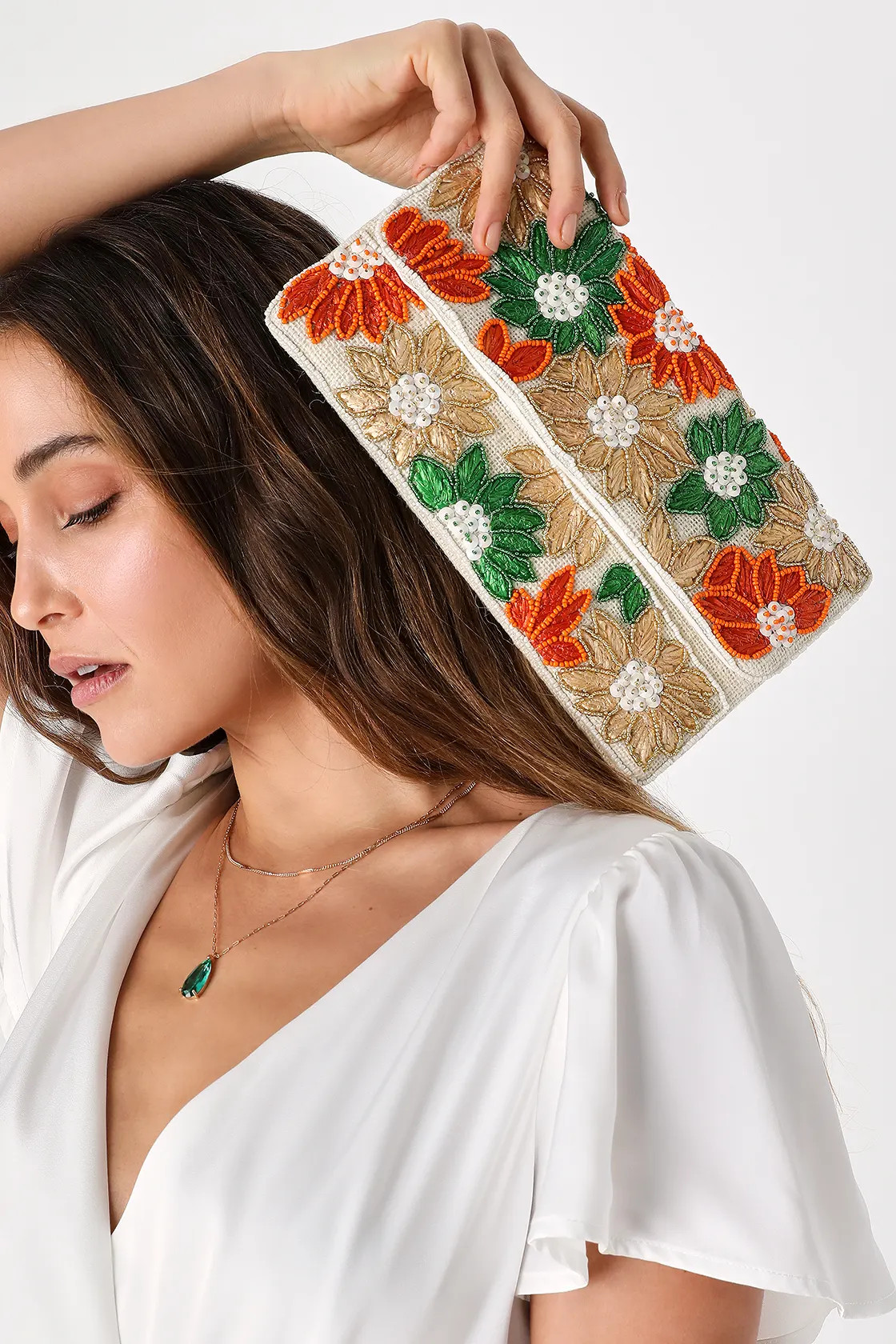 Making You Marvel Beige Multi Floral Beaded Sequin Woven Clutch | Lulus (US)