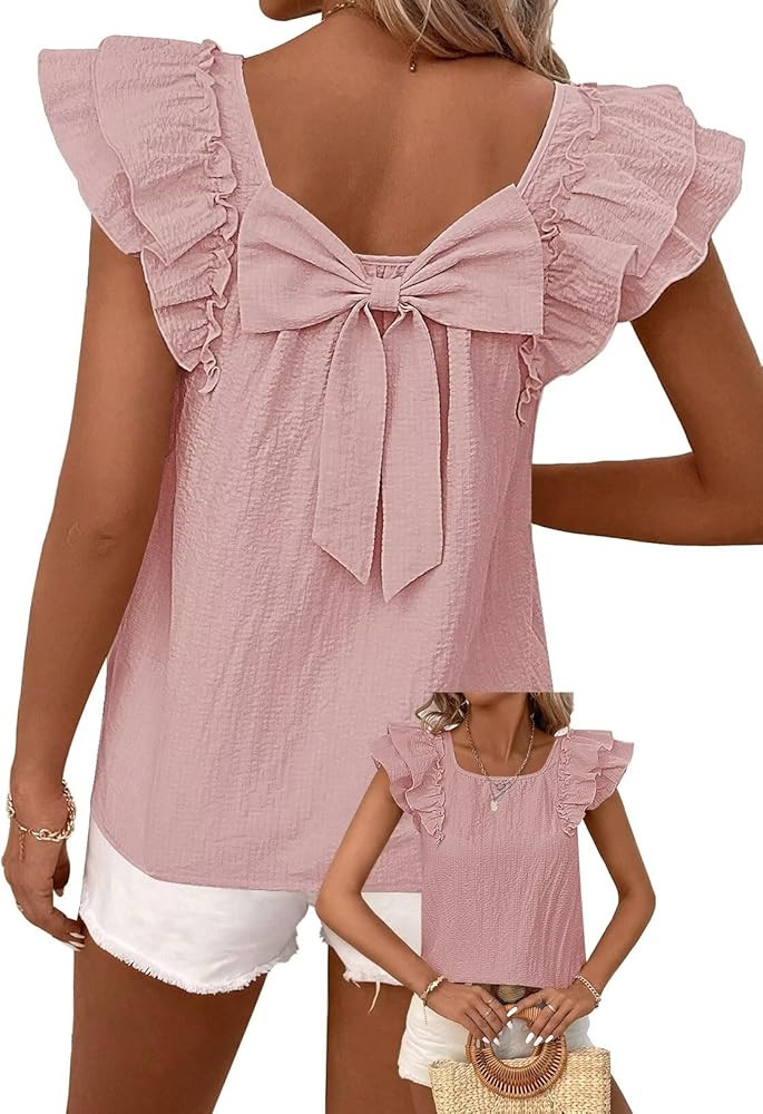 Womens Bow Tie Back Tops Round Neck Ruffle Short Sleeve Shirts Cute Babydoll Chiffon Tee Women Su... | Amazon (US)