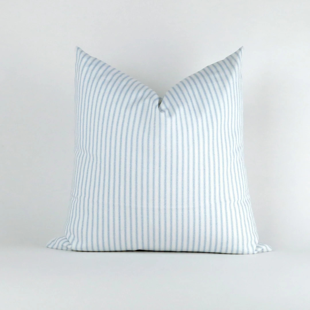 Blue Stripe Pillow Cover MANY SIZES Feather Ticking Pattern, Decorative Throw Pillow, Euro Sham, ... | Etsy (US)
