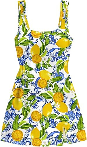 RoseSeek Women's Tropical Lemon Print Mini Dress Squared Neck Sleeveless A Line Dresses Vacation ... | Amazon (US)