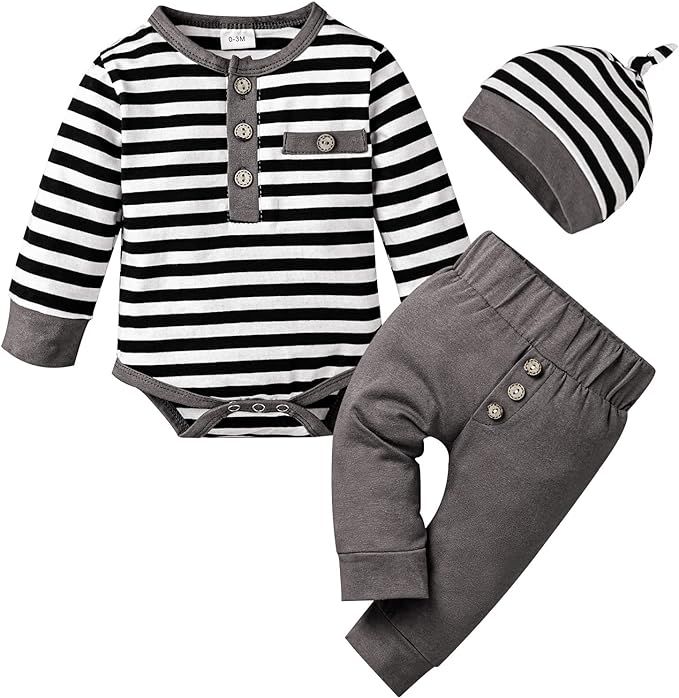 ODASIRA Newborn Baby Boy Clothes Infant Long Sleeve Stripes Romper Fall Winter Outfits Solid Pant... | Amazon (US)