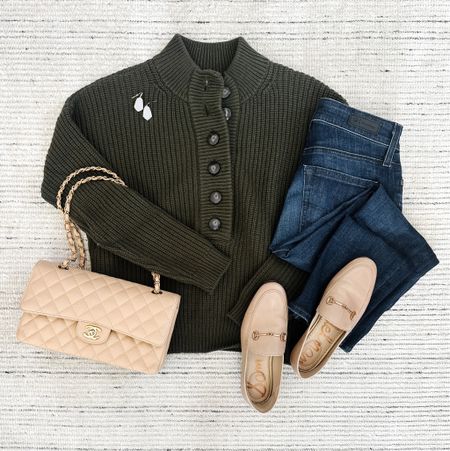 Winter outfit with khaki jumper sweater paired with dark wash jeans and loafers. Sweater is organic cotton and wool long sleeve making it warm for winter! I love the rib knit material and button closure  

#LTKSeasonal #LTKstyletip