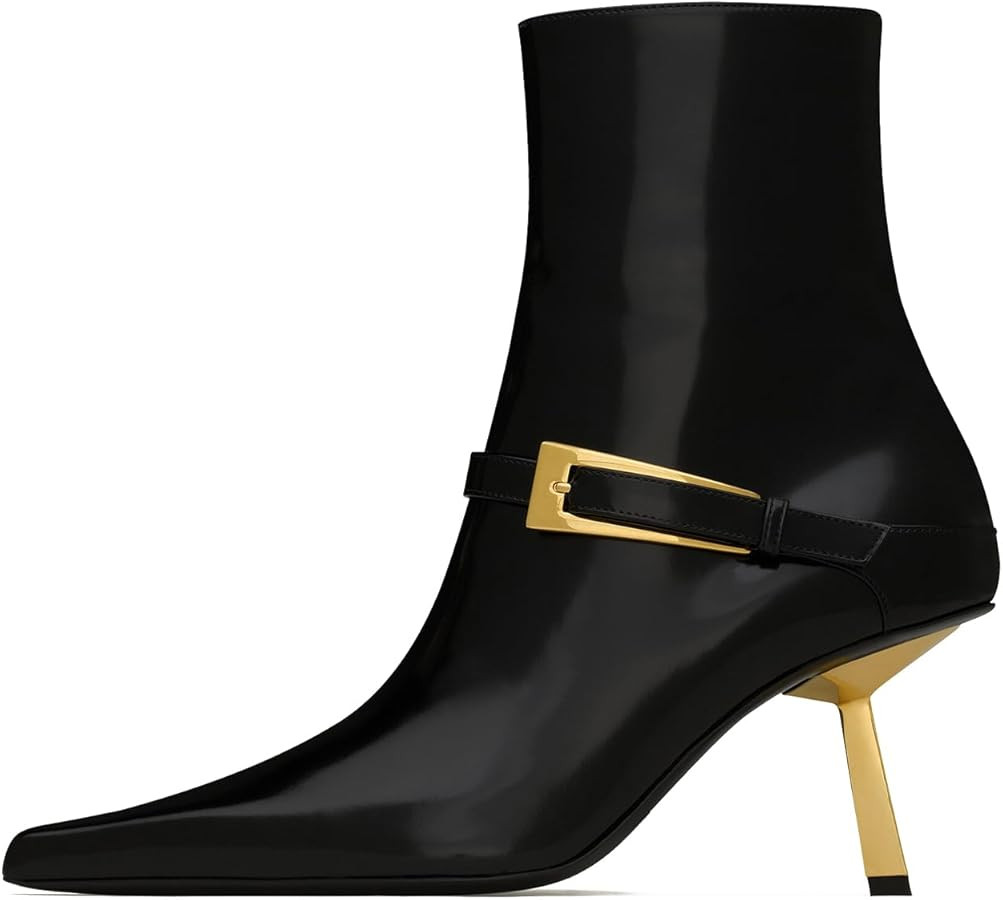 Black Ankle Booties for Women Pointed Toe Stiletto High Heel Patent Leather Metal Buckle Short Bo... | Amazon (UK)