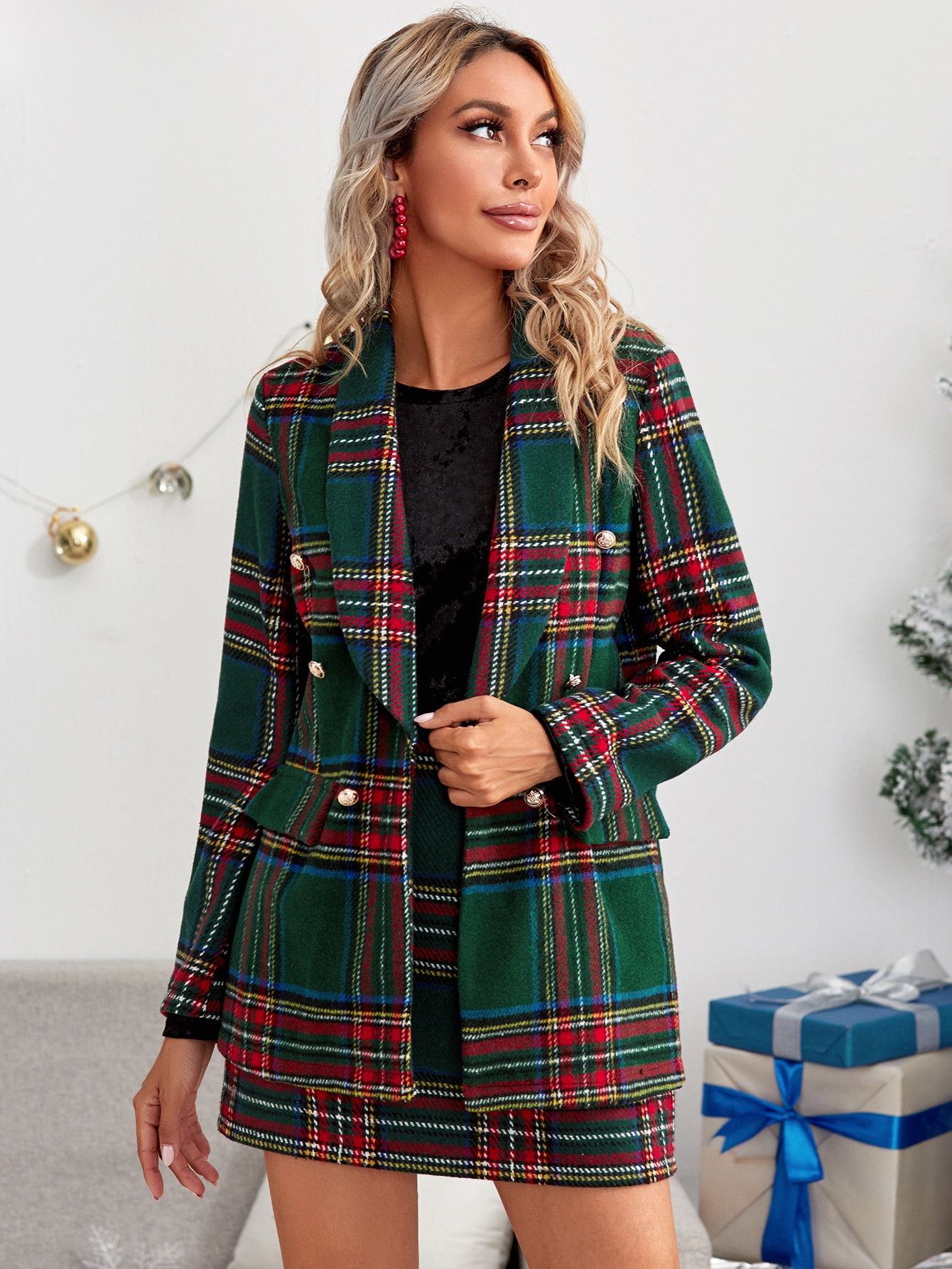 Tartan Shawl Collar Double Breasted Blazer | SHEIN