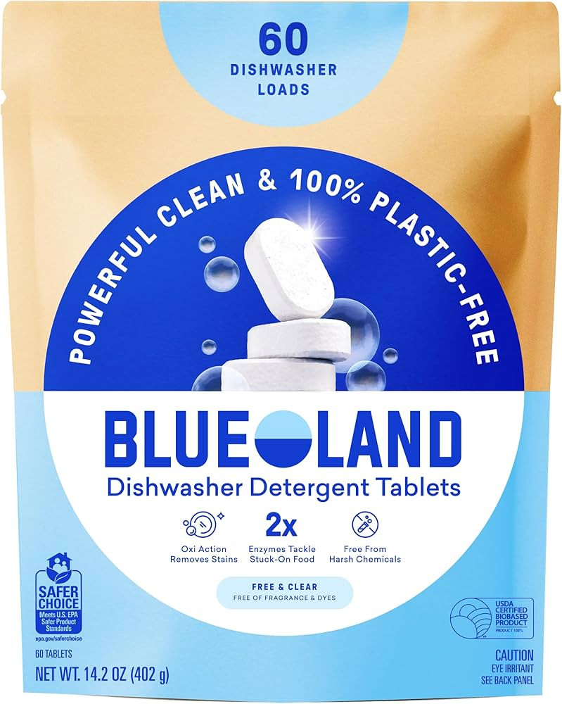 Amazon.com: BLUELAND 100% Plastic-Free Dishwasher Detergent Tablets, 60 Count, Free & Clear, Eco-... | Amazon (US)