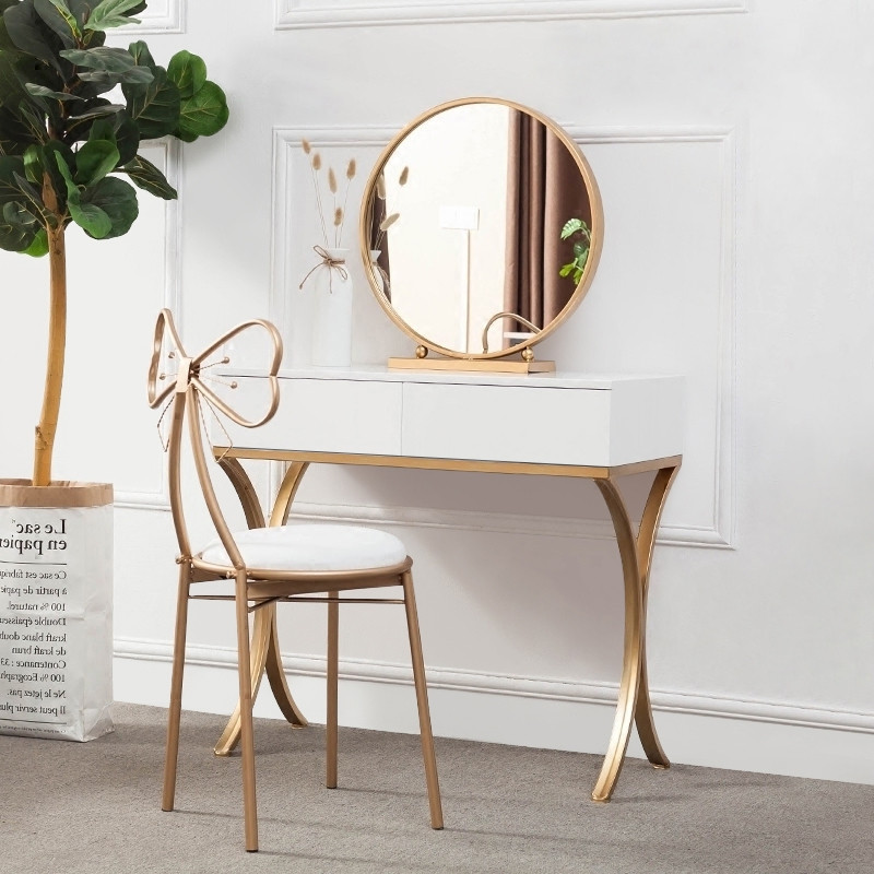 White Wood Makeup Table with Round Mirror & Chair Set Gold Metal Base Small | Homary.com