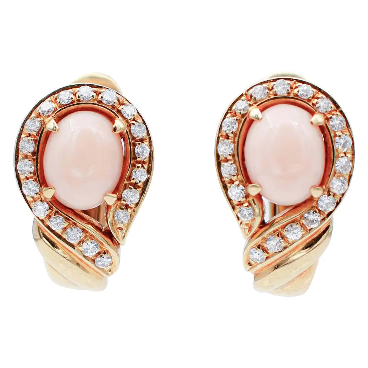 Pink Coral, Diamonds, 18 Karat Yellow Gold Stud Earrings | 1stDibs
