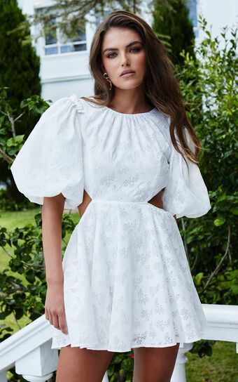 Anessa Ruched Strapless Smock Dress in White | Showpo (US, UK & Europe)