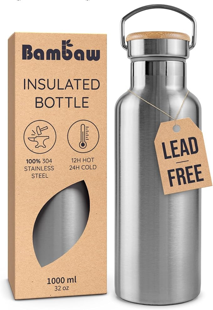 Bambaw Stainless Steel Insulated Water Bottle 32 oz, Stainless Steel Water Bottles 32 oz with Han... | Amazon (US)