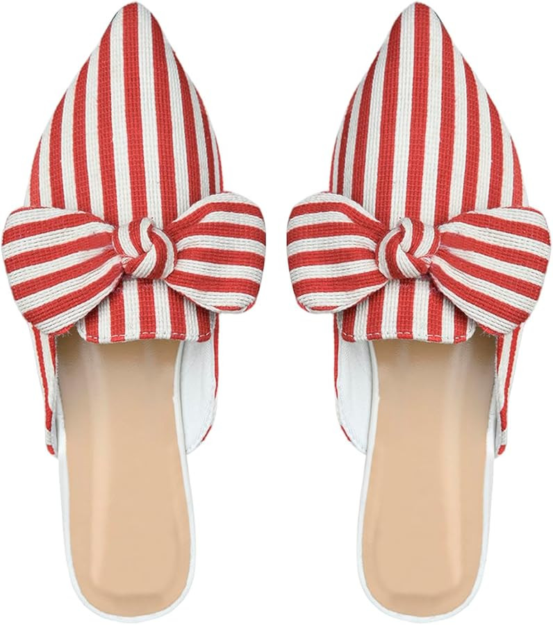 BEAUDRM Women's Bow Mules Dressy Pointed Toe Flat Shoes Backless Loafers Slide Sandals Casual Sli... | Amazon (US)