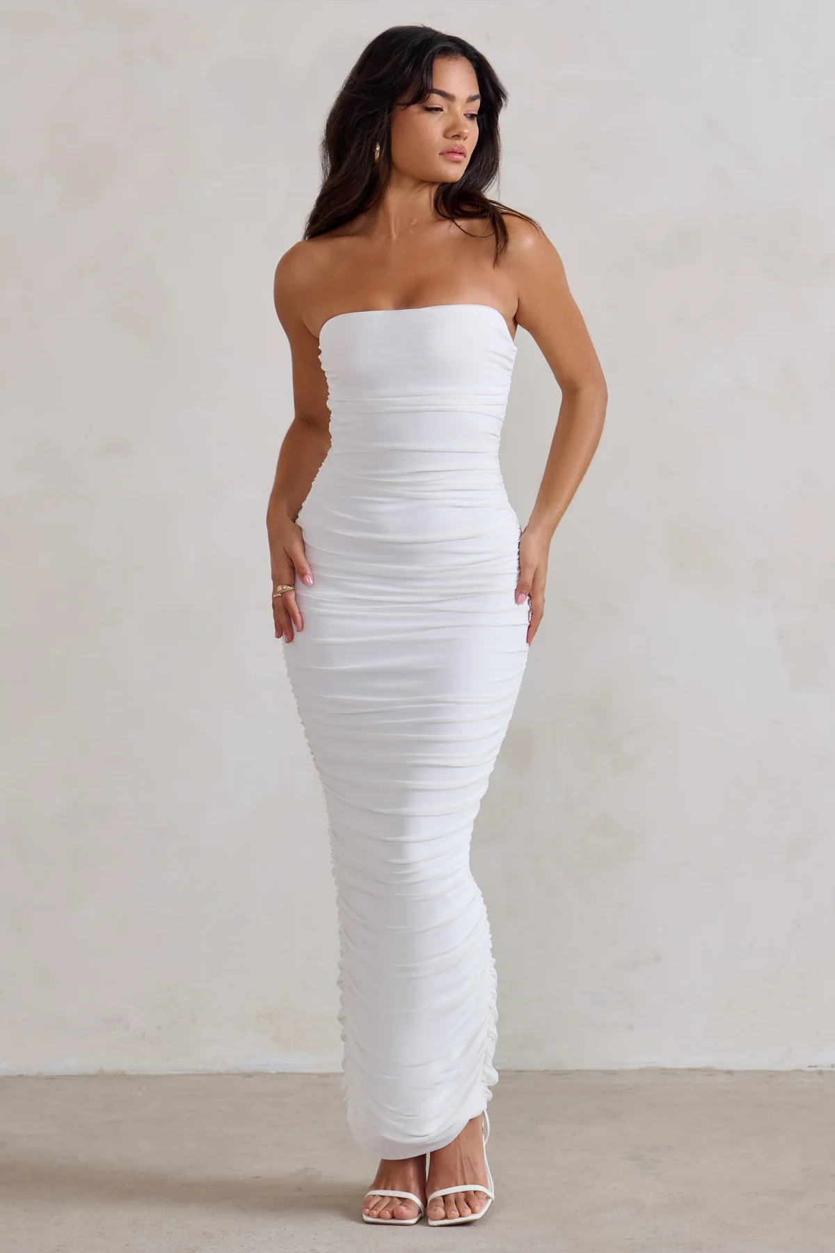 My Lady | White Strapless Bodycon Ruched Mesh Maxi Dress | Club L London
