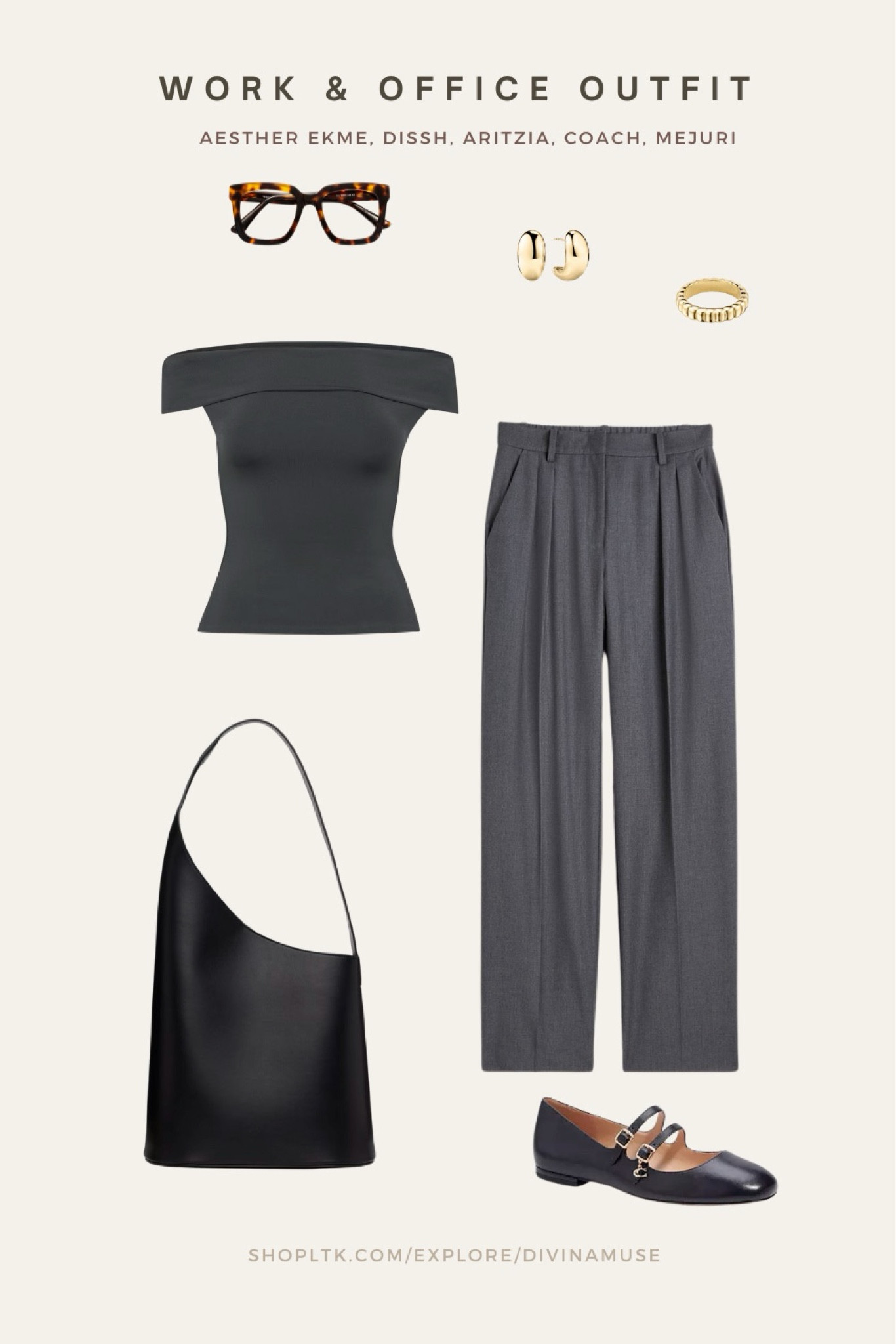 Workwear. Clock it. 🖤 off shoulder sleeveless top from aritzia where it can be adjusted to be asymmetrical, tortoise oversized square eyeglasses, chunky minimalist jewelry, Maryjane comfy black leather flats, and (always) pleated dress pants/grey trousers. 
- 
Office outfits, work outfits, leather black totes, modern everyday bags, fall tops, summer tops, classy tops, chic tops 

#LTKStyleTip #LTKSaleAlert #LTKWorkwear