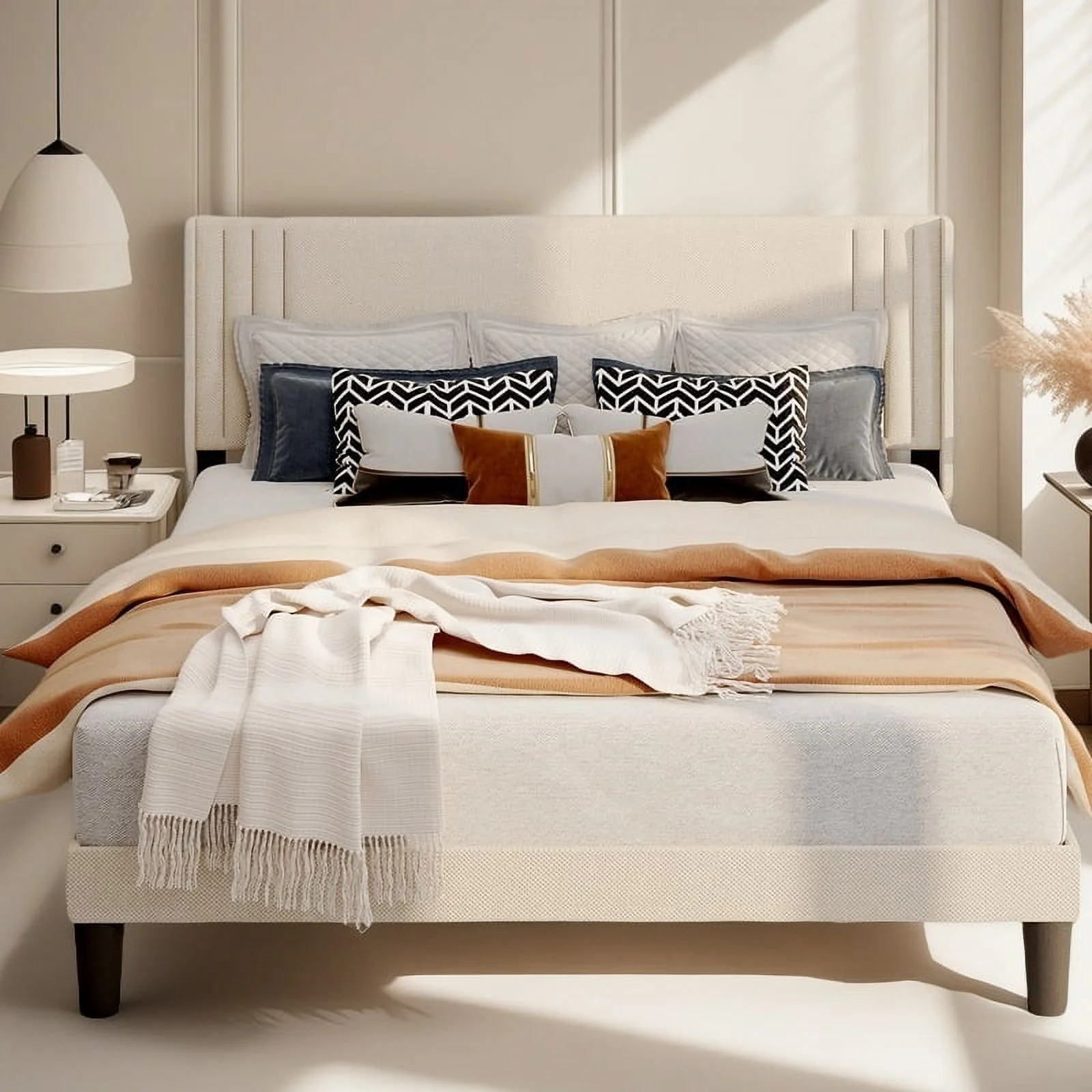 Queen Platform Bed Frame with Wingback Headboard, Beige - Walmart.com | Walmart (US)