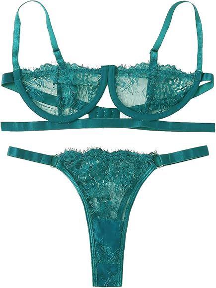 SheIn Women's 2 Piece Sexy Lace Strap Bralette Bra and Panty Lingerie Set Push Up | Amazon (US)