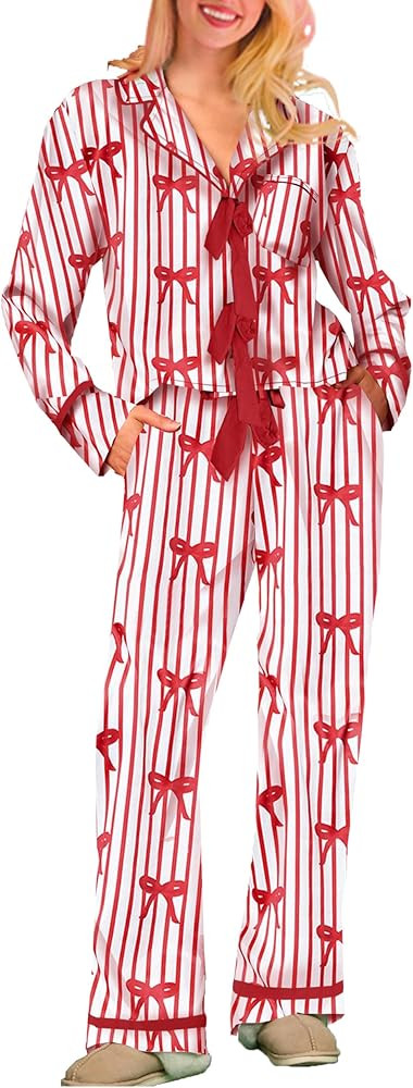 Sastianaen Satin Christmas Pajama Set for Women Silk Bow Tie Long Sleeve Shirt and Pants 2 Piece ... | Amazon (US)