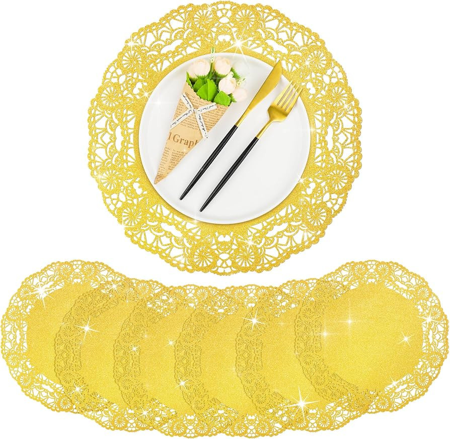 MCEAST 100 Pieces Gold Paper Dollies 14″ Round Glitter Lace Paper Dollies Disposable Foil Doili... | Amazon (US)