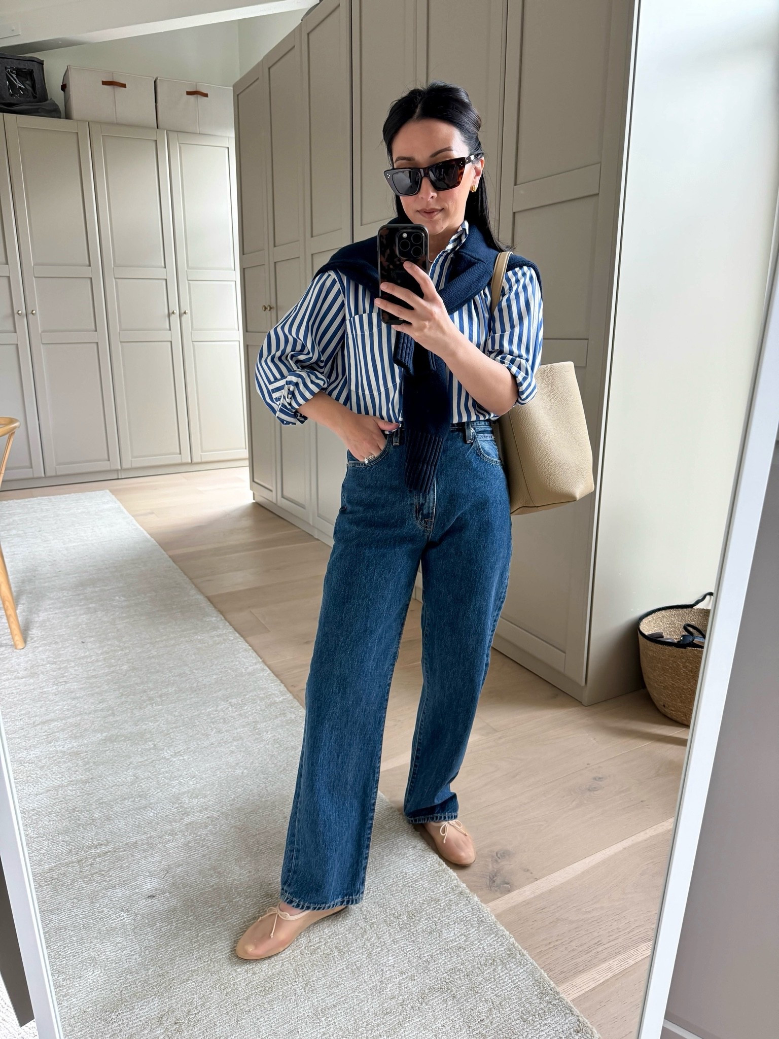 This is one of the hardest-working pieces in my wardrobe - perfectly oversized, petite-friendly, and easy to wear year-round. 

Gap Big Shirt petite xs 
Silvrlake London Crop jeans 26 - size up 
Loeffler Randall ballet flats 5 - run narrow 
Everlane cotton sweater xs 
The Row N/S Park tote in Medium 
Celine sunglasses 
Quince Earrings 
Dorsey James necklace 15"

#LTKmomlife #LTKootd #LTKPetite