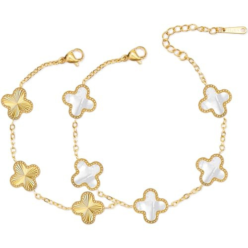 MEFELAY Unique 18K Gold Four Leaf Clover Bracelet for Women White Gold Lucky Link Clover Bracelets, Trendy Bracelets Set Jewelry Gifts for Women | Amazon (US)