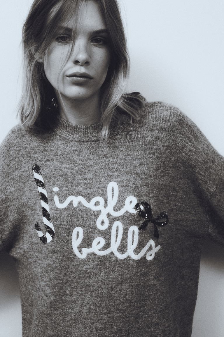 Motif-detail Sweater - Gray melange/Jingle Bells - Ladies | H&M US | H&M (US + CA)