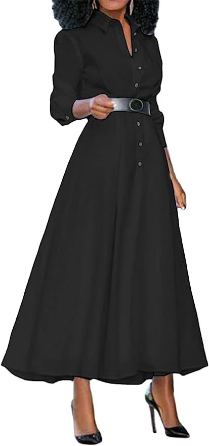 VONDA Women Maxi Shirt Dress Long Sleeve Button Smocked Waist Long Dress Loose Swing Party Dress ... | Amazon (US)
