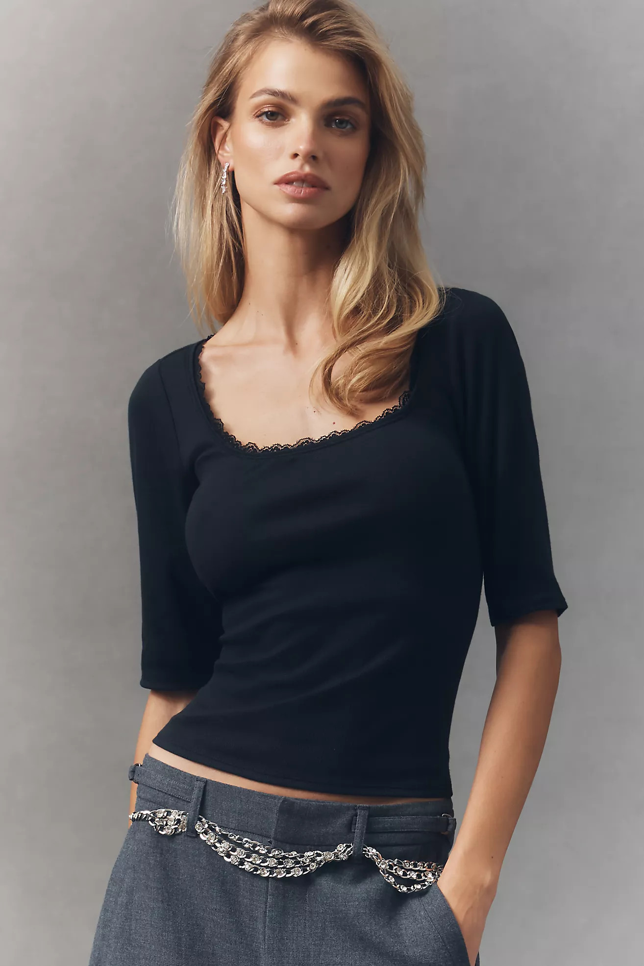 Maeve Lace-Trimmed Three-Quarter Sleeve Top | Anthropologie (US)